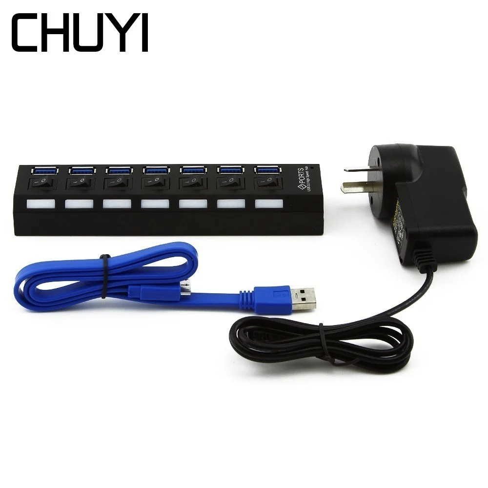 

7 Ports USB 3.0 HUB With EU/AU/US/UK Power Adapter Micro USB HUB Splitter For Laptop PC Peripherals Accessories High Speed 5Gbps