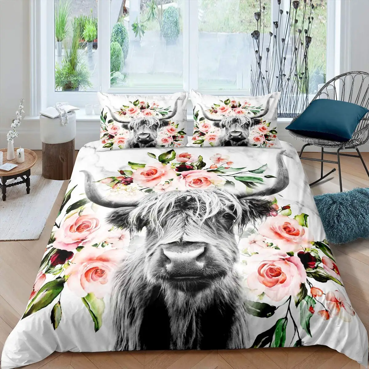 Highland Cow Duvet Cover Set 3D Print Animals Grass Polyester Comforter Cover King Queen Twin Full Size for Kids Boy Girl Teen