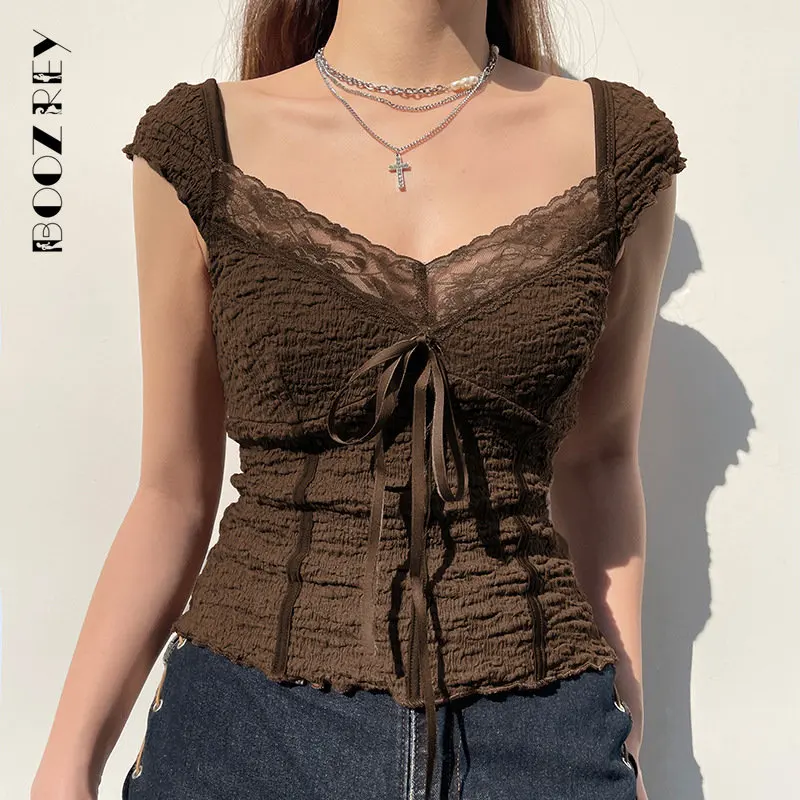

BoozRey Fairycore Grunge Y2k Retro Folds Blouses Vintage Gothic Lace Trim Sexy V-neck T-shirts Bow Streetwear Skinny Crop Tops
