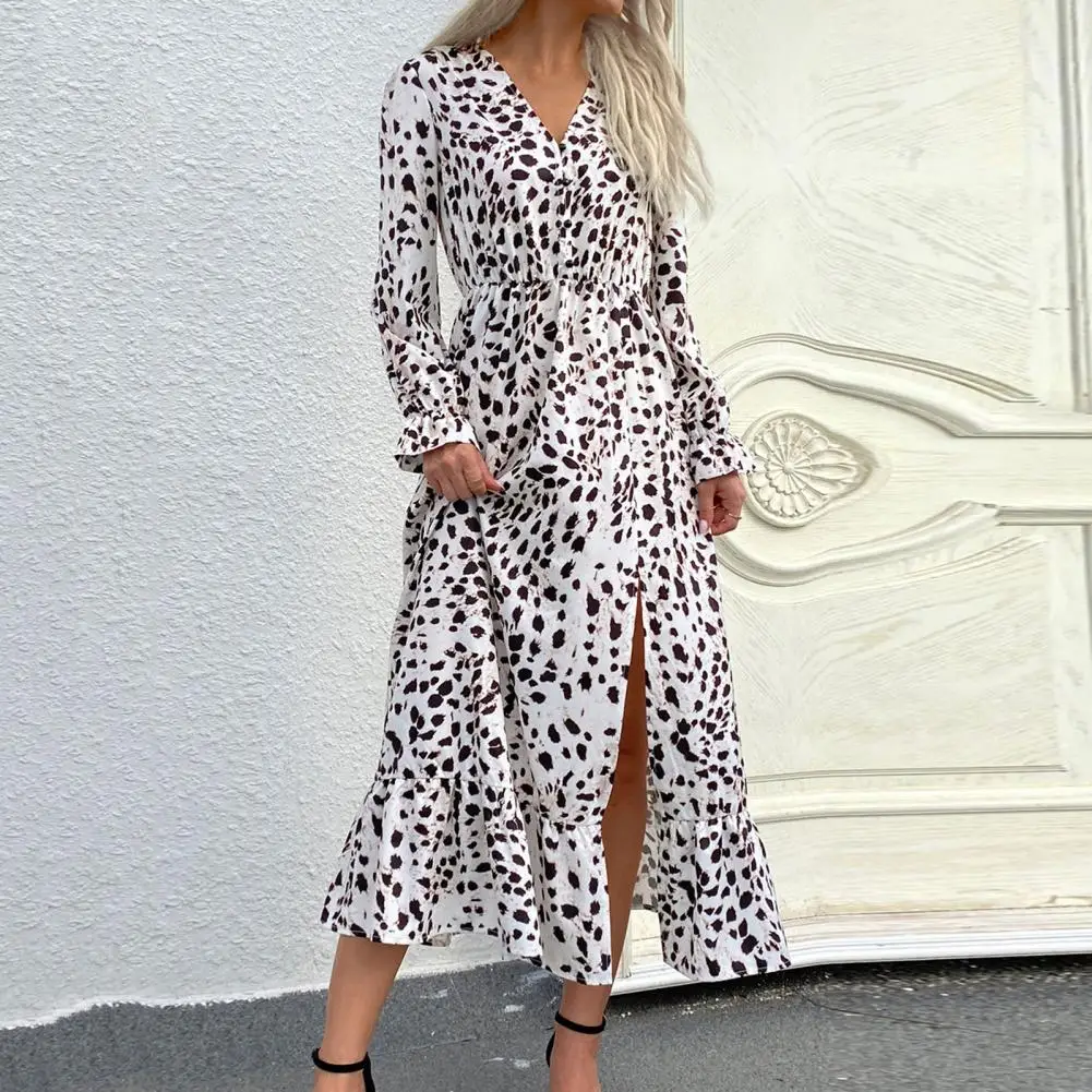 

Dresses for Women 2022 Autumn V-Neck Long Sleeve Elastic Waist Tight High-waisted Dot Print Ruffle Split Hem Midi Dress Women