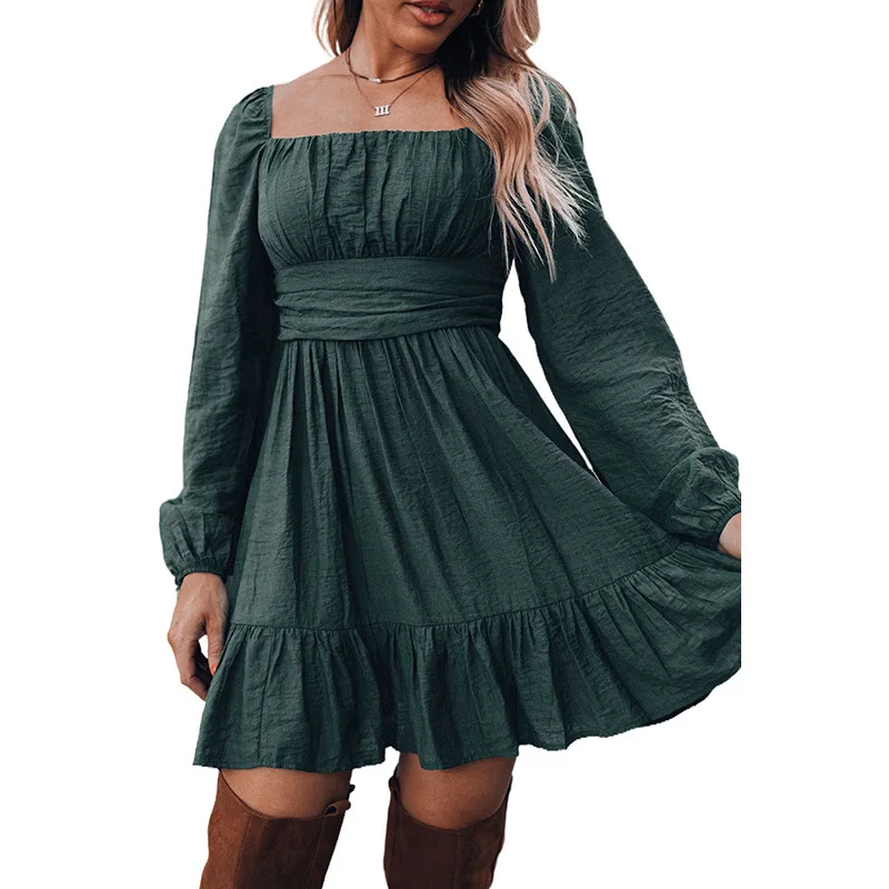 

Solid color square collar long sleeve dress for women autumn trendy dresses