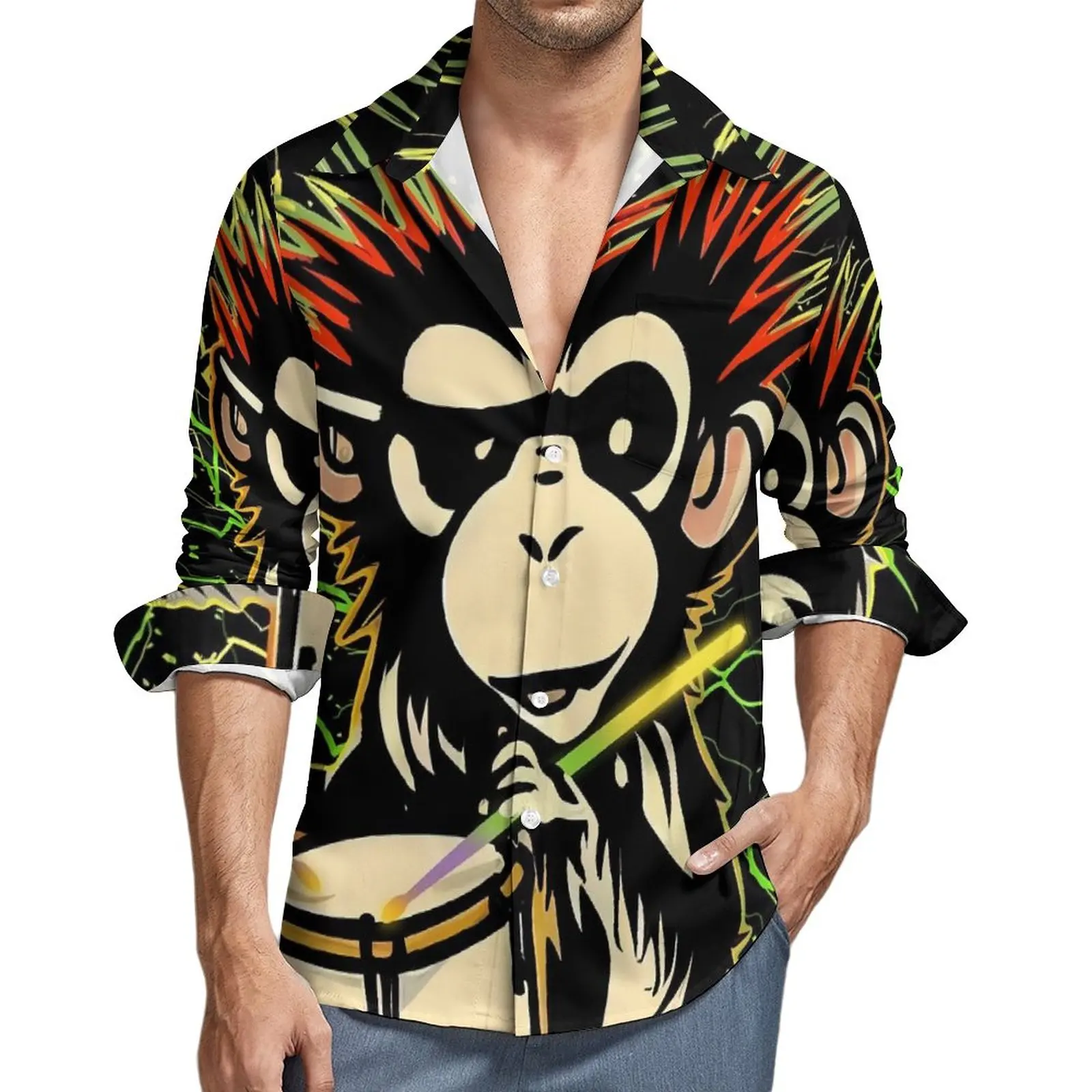 

Drummer Monkey Casual Shirts Men Fun Animal Print Shirt Long Sleeve Loose Y2K Blouses Autumn Graphic Top Large Size