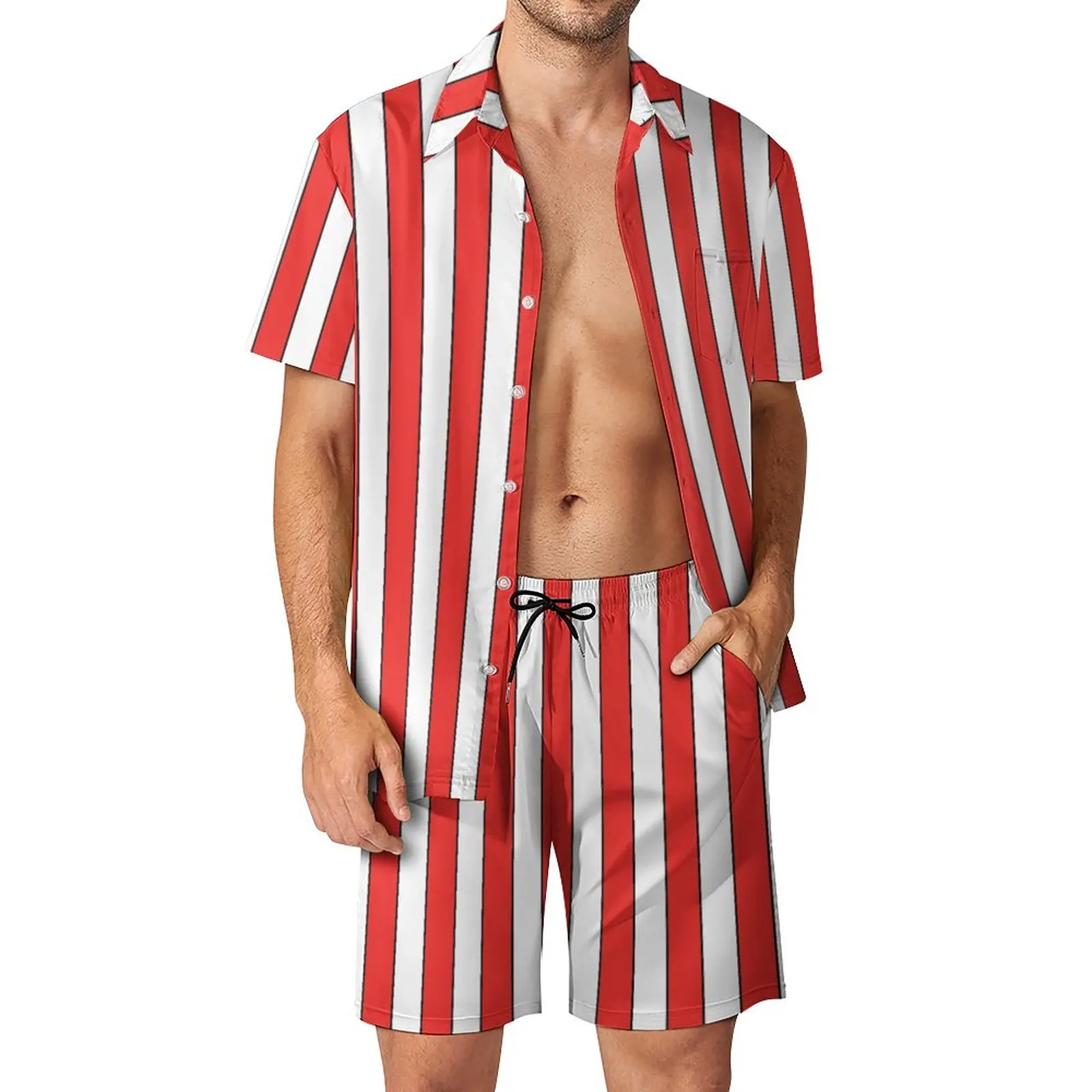 

RED BLACK WHITE VERTICAL STRIPE Men's Beach Suit Unique 2 Pieces Suit Vintage Beach Eur Size