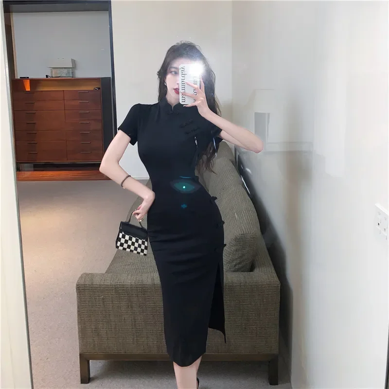 Сексуальное китайское платье черное элегантное Ципао традиционное современное