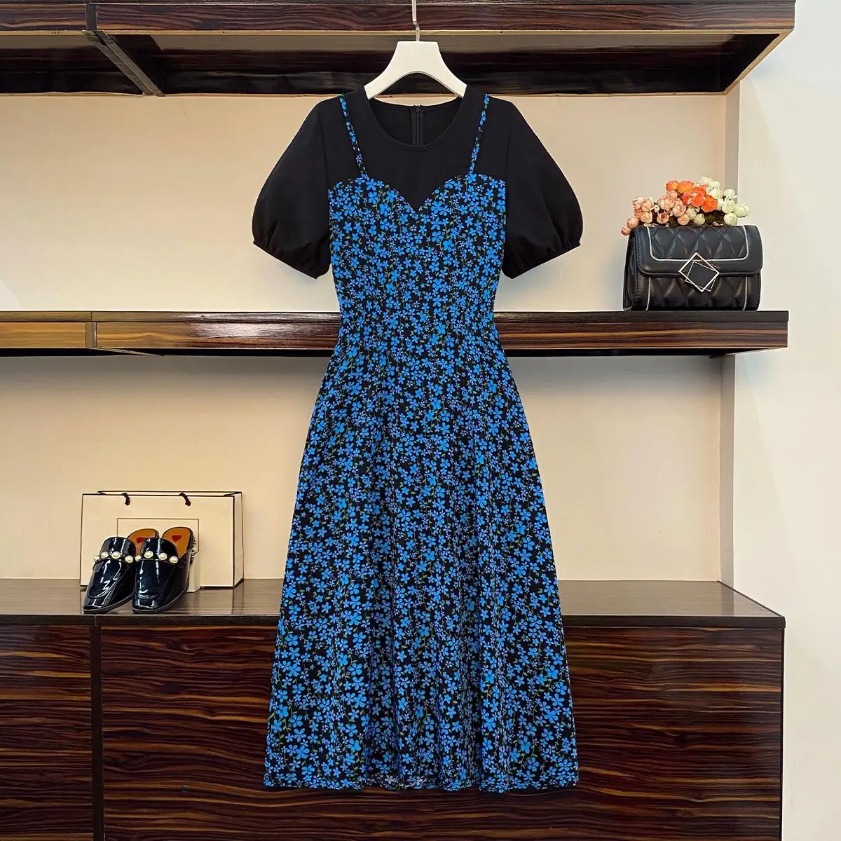 

Женское шифоновое платье с коротким рукавом, голубое платье-миди с цветочным принтом и завышенной талией, в стиле пэчворк, большие размеры, ...