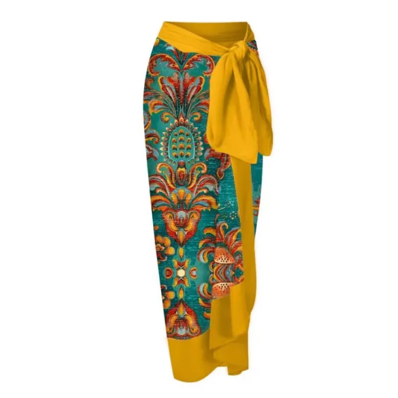 Two 2 Piece Women Matching Skirt Sets Summer Vacation Beach Bikini One Piece Swimsuit Vintage Print Slit Sunscreen Long Skirt