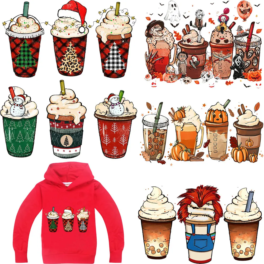 Christmas Halloween Iron On Tranfer Patches For  Clothes Icecream Coffee Thermal Sticker DIY T-Shirt Decal Fashion Patch Stripe