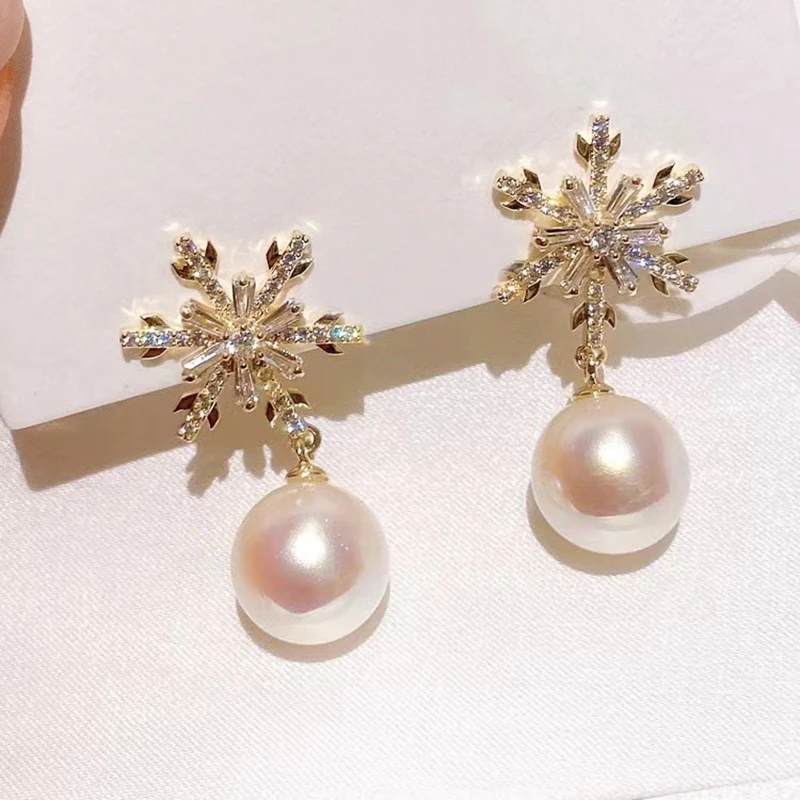 

New Snowflake Pearl Drop Earrings for Women Exquisite Temperament Lady Jewelry Wedding Accessories Gift for Girl