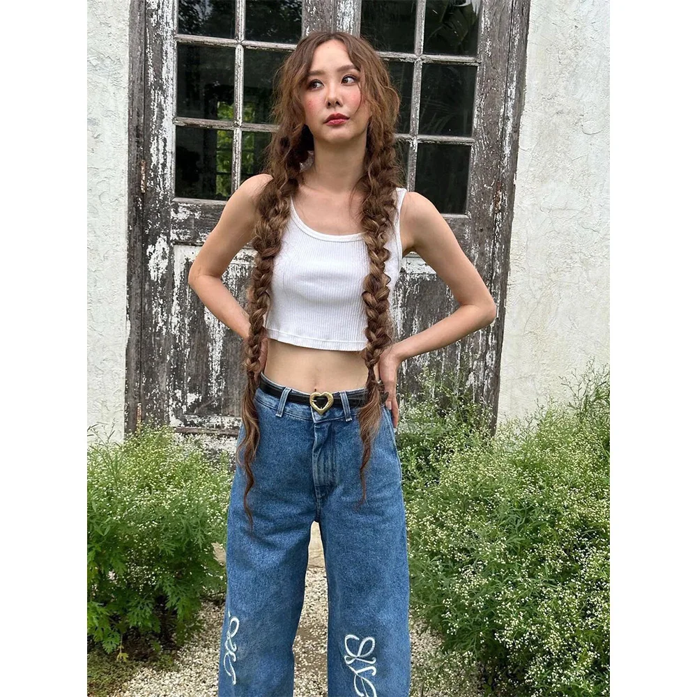 

2023 autumn and winter new blue loose wide-legged trousers men and women with the same heavy embroidery jeans trousers