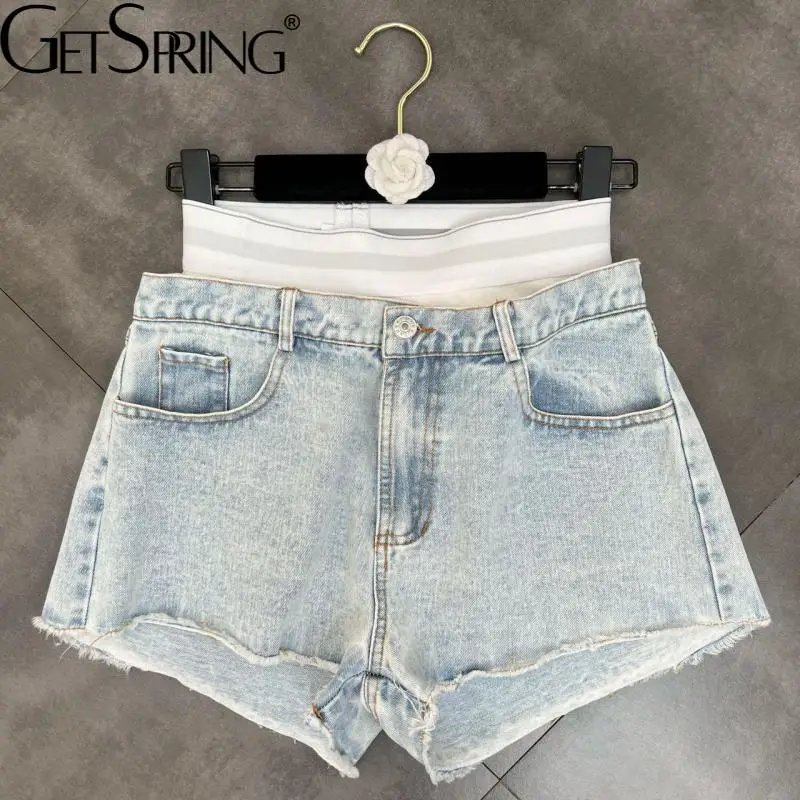 

GetSpring Women Denim Shorts Patchwork High Waist Fake Two Sexy Jean Shorts Fashion All Match 2022 New Style Girls Blue Shorts