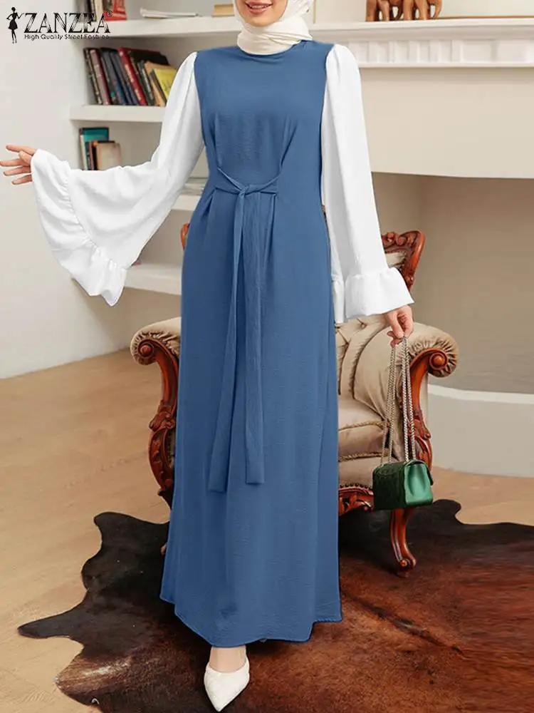 

ZANZEA Woman Spring Muslim Dress Lace-Up O-Neck Flare Sleeve Abaya Kaftan Sundress Elegant Casual Party Abaya Kaftan Robe 2022