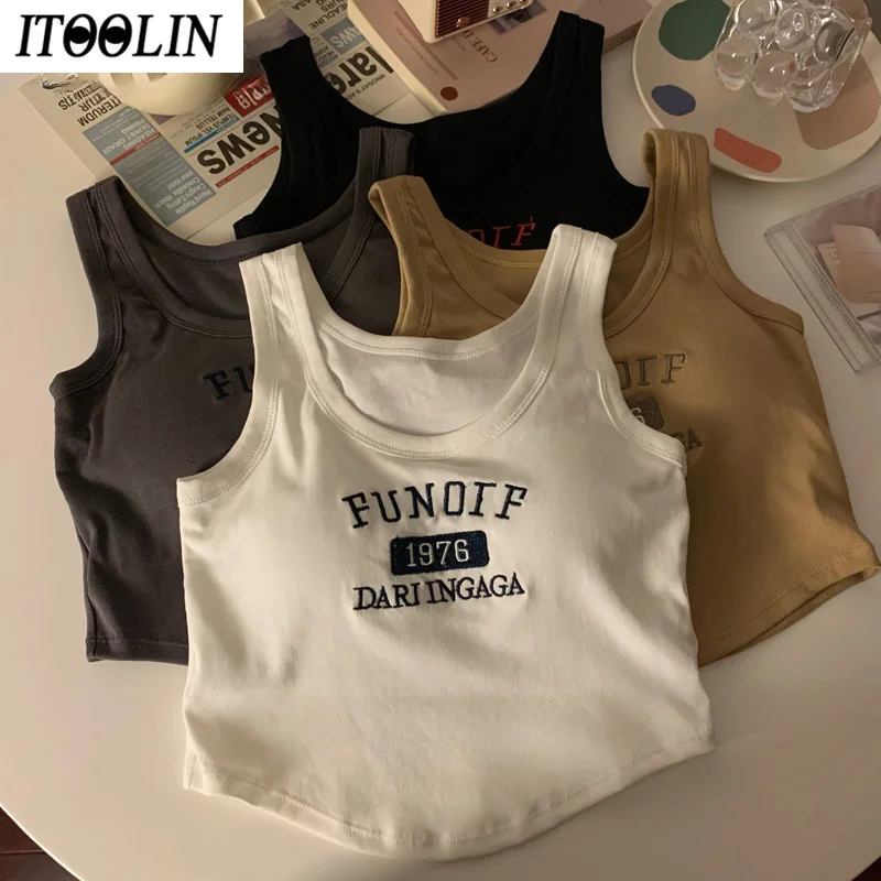 

ITOOLIN Summer Irregular Tank Tops With Bra Pad Fashion Letter Printed Slim Tank Tops Sexy Tops Women Crop Tops Streetwear
