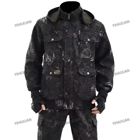 Мужская рабочая одежда, осенне-зимний плюшевый Камуфляжный комплект с несколькими карманами, утепленная износостойкая теплая Рабочая одежда