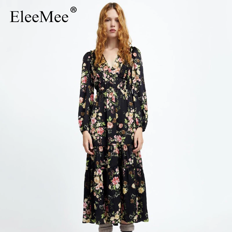 

EleeMee весеннее платье для женщин с цветочным принтом тонкий V-образный вырез с длинным рукавом Миди платья 2022 Новое поступление функциональн...
