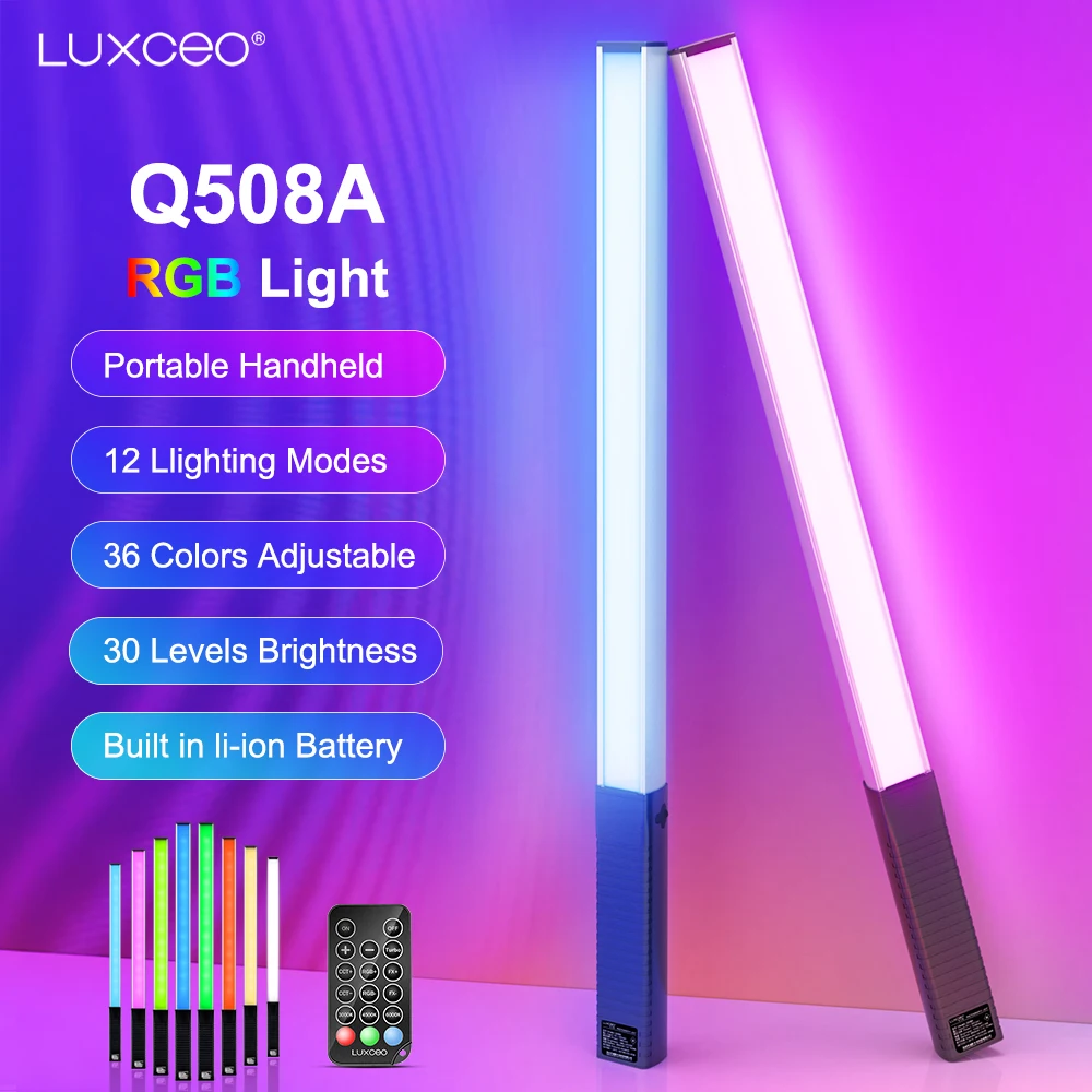 Фото LUXCEO Q508A RGB светильник для фотосъемки светодиодная портативная видеотрубка 3000K-6000K перезаряжаемая батарея студийная фотолампа для Youtube TikTok №1