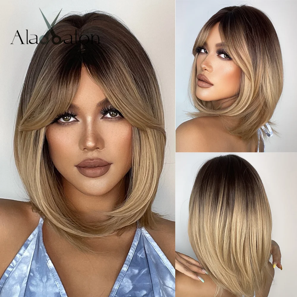 

ALAN EATON Bob Synthetic Bangs Wigs Brown Blonde Ombre Short Straight Hair Wigs for Black Women Daily Cosplay Use Heat Resistant