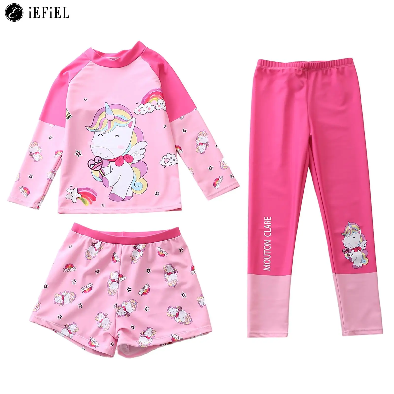

Kids Girls Sun Protection Swimwear Sets Cartoon Print Long Sleeve Tops Shorts Leggings 3Pcs Rash Guard Swimsuit Bathing Suit
