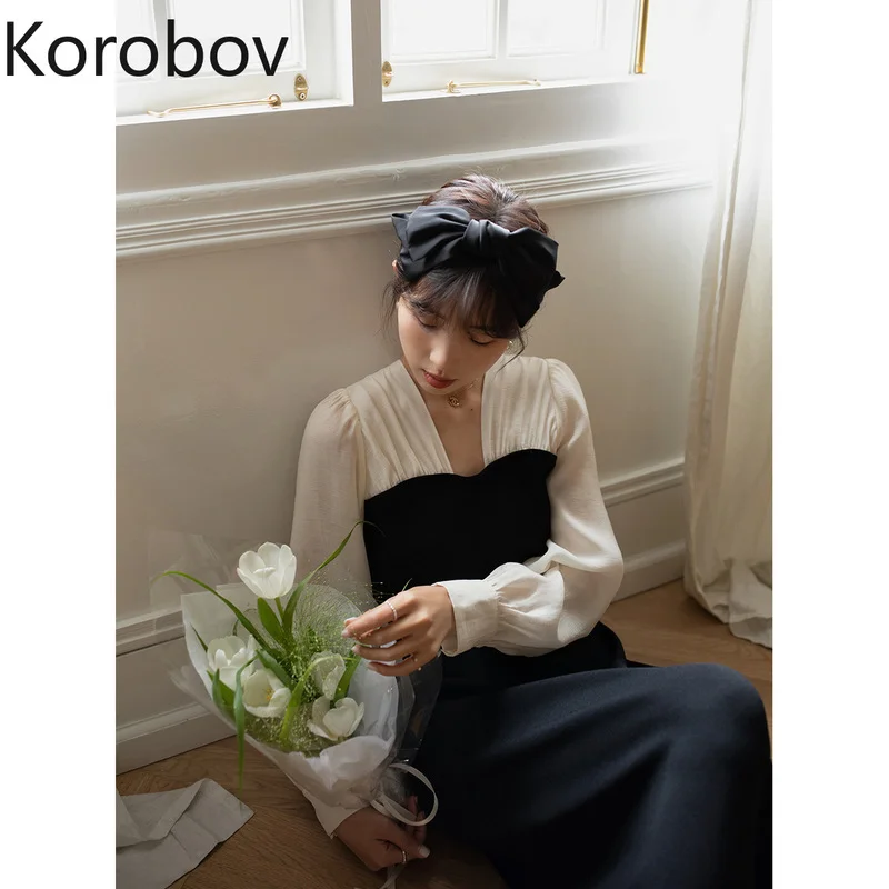 

Женское трикотажное платье Korobov, Длинное Элегантное платье контрастных цветов с рукавами-фонариками и V-образным вырезом, винтажные платья ...