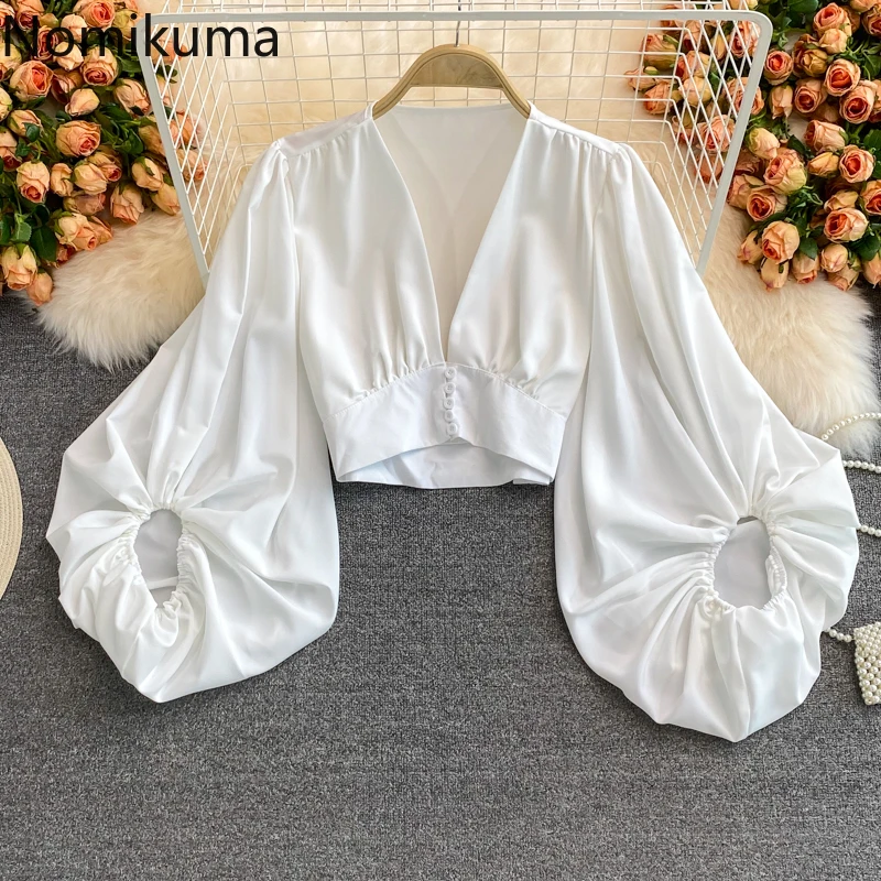 

Модные женские блузки Nomikuma 2022 с рукавами-фонариками и высокой талией однотонные Простые Женские Модные Винтажные блузки