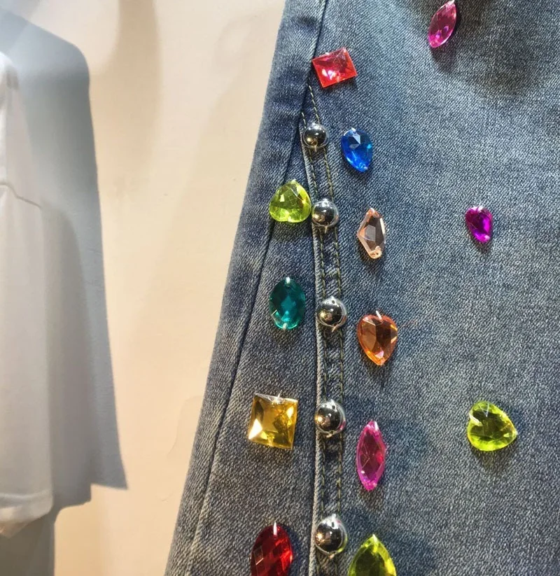 2023 Spring Summer New Exquisite Rhinestone Beaded High Waist Slim Skinny Blue Jeans Women's Slit Flare Jeans Black Jeans Female