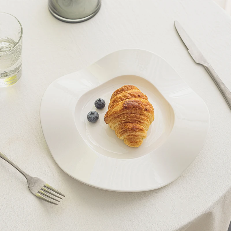 

Platos De Cocina White Thread Embossed Plate Stylish Solid Color Small And Delicate Breakfast Round Household Pasta Ceramic