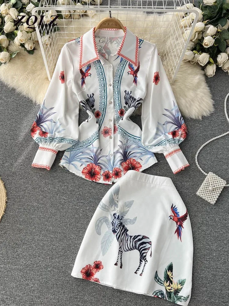 

ZQLZ 2022 Spring Summer Women 2 Piece Set Chiffon Satin Zebra Lantern Sleeve Vacation Flower Print Shirt Tops+mini Skirt Suit