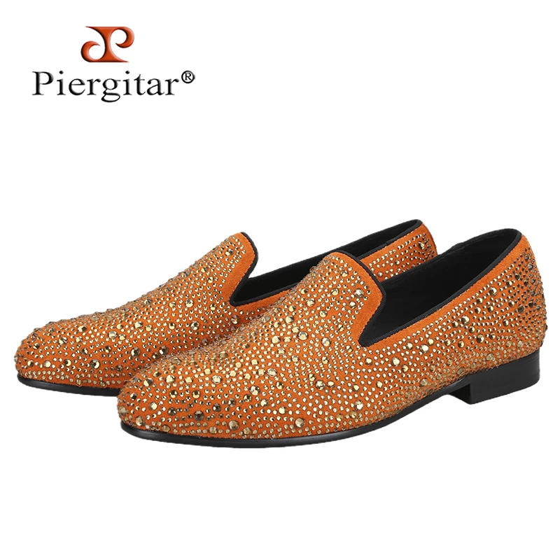 

Piergitar Luxury Brand Full Rhinestones Matching Color Suede Men's Loafers Handmade Crystals Smoking Slippers For Party And Prom