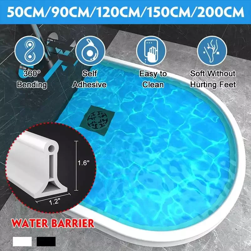 

50cm/90cm/120cm/150cm/200cm 40mm Hight Free Bending Bathroom/Kitchen Floor Shower Water Barrier Water Stopper Silicone