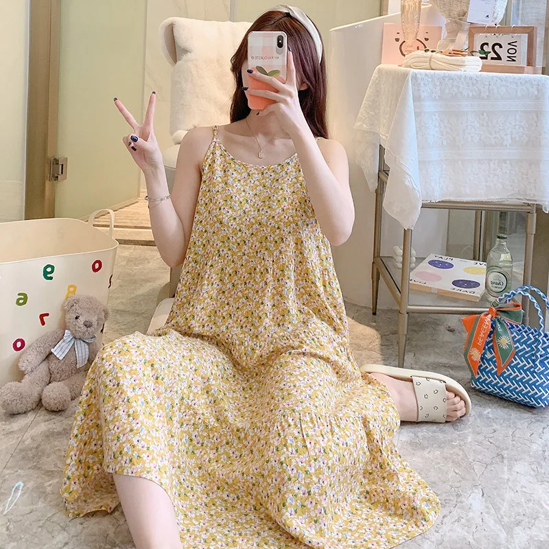 Women's Thin Cotton Nightgown Long Slip Sleep Dress Summer Loose Sleepwear Floral Print Nightwear Nightdress Casual Home Clothes