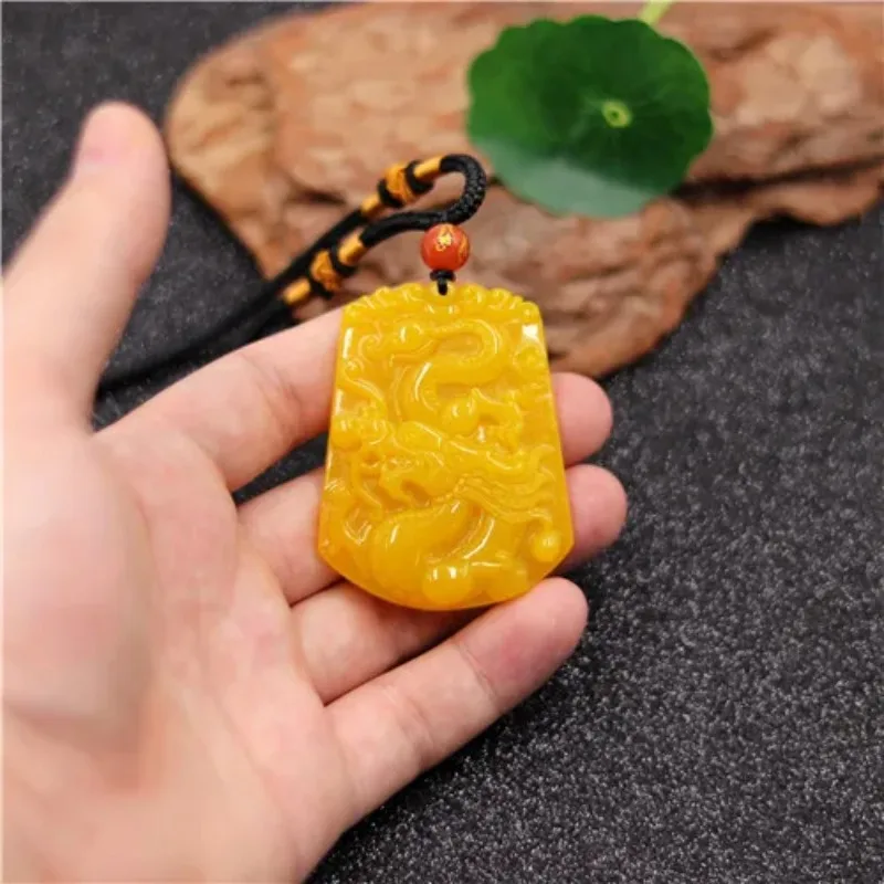 Оптовая продажа китайский желтый Нефритовый дракон Кулон Ожерелье