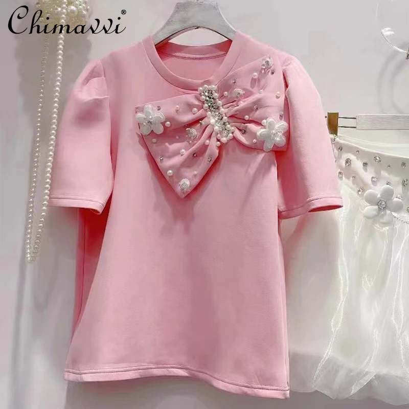 

Women's 2022 Summer New Korean Style Sweet Beads Bow Round Neck T-shirt Ladies Fashion Fairy Short Sleeved Pullover Top Tees