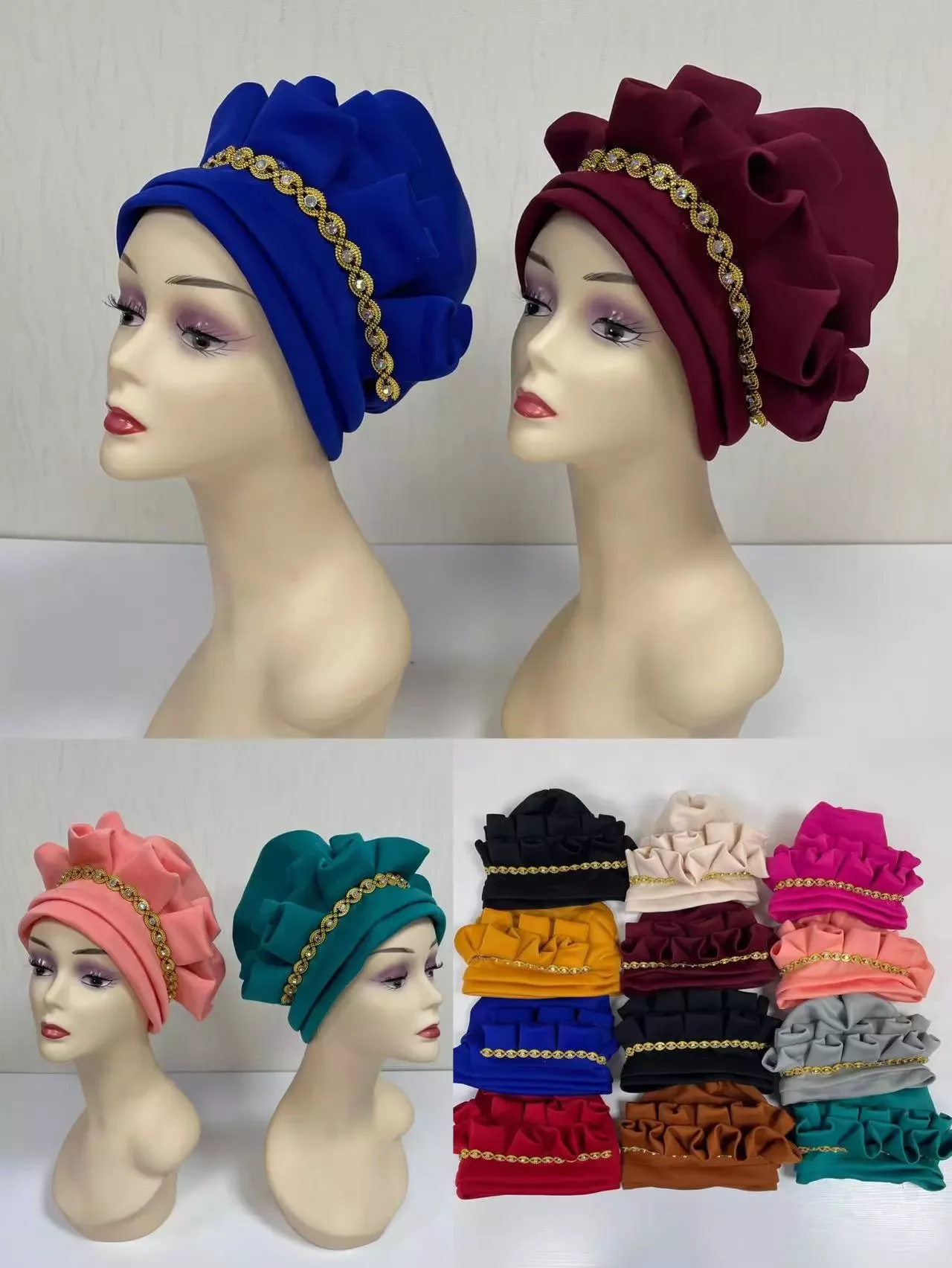 

NEW 12pcs/lot African Cap Turbans Gele Headtie Muslim Hijab Caps with Stones for Women 2022 Wraps Turban Cap Wedding Turba Caps