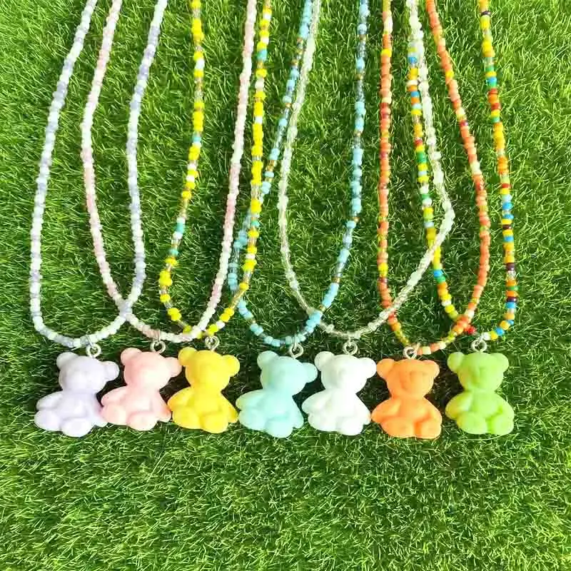 

38cm Necklace With Resin Pendant Candy Color Bear For Child Bohemia Handmade Rainbow Seed Beads Simple Choker Jewelry Gifts