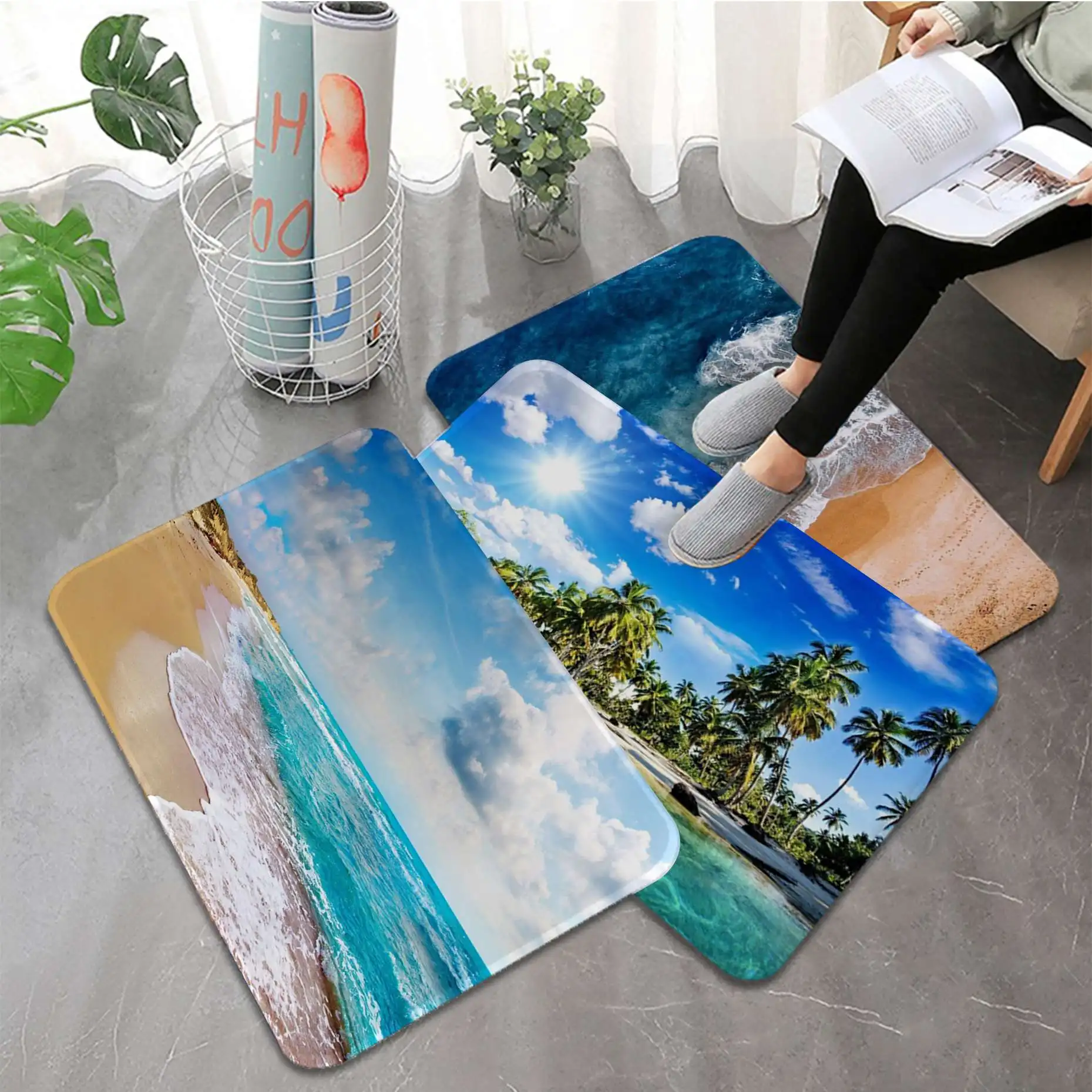 

Ocean Beach Printed Flannel Floor Mat Bathroom Decor Carpet Non-Slip For Living Room Kitchen Welcome Doormat