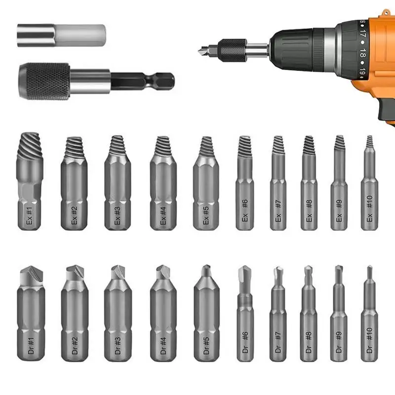 

Screw Extractor Set 22 Pieces Steel Screw Extractor Kit Multi-spline Extractors And Drill Bits For Removing Broken Studs Bolts