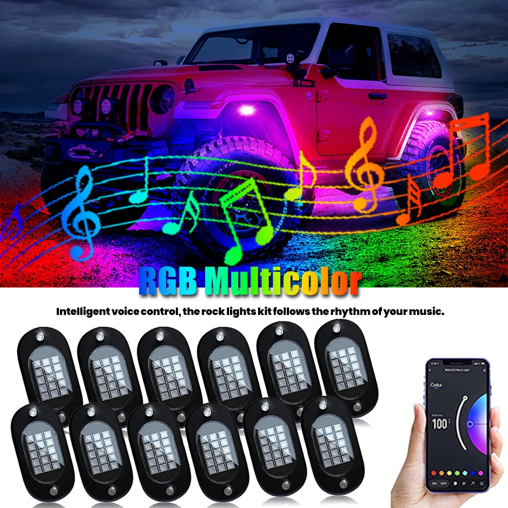 

RGB-лампы Rock, 60 светодиодов, яркие, разноцветные, с приложением/радиочастотным управлением, для квадроциклов, RZR, UTV, внедорожников, автомобилей, подсветка, 12 В