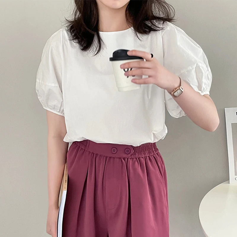 Elegant Women's Solid Puff Sleeve Top Loose Fashion O-Neck Short Sleeve Blouse Casual Simple Ladies Tops 2022 Summer New images - 6