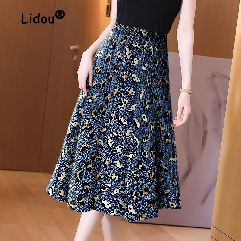 

Mid Length Skirt Women's Clothing Printed Drape Feeling Slimming and Covering the Flesh Knee High Waist Large Swing Skirt