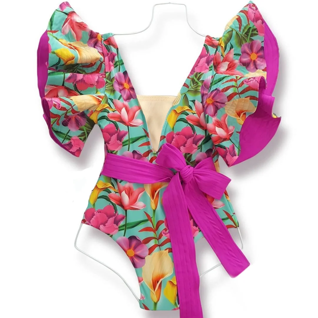 

2023 Floral Printed Deep V-neck Ruffle Swimsuit Push Up One Piece Swimsuit Beach Wear Backless Monokini Beach Wear Swim Suit