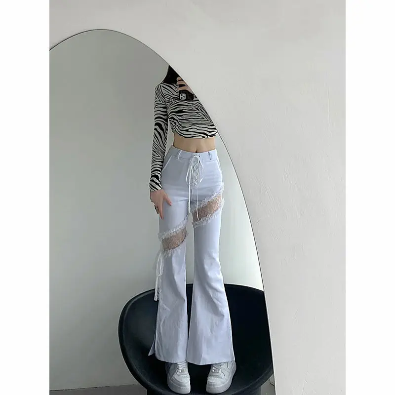 2021 Summer White Hollow Out wide leg Jeans  Women High Waist jeans Sexy Flared lace harajuku Pants Patchwork vintage streetwear
