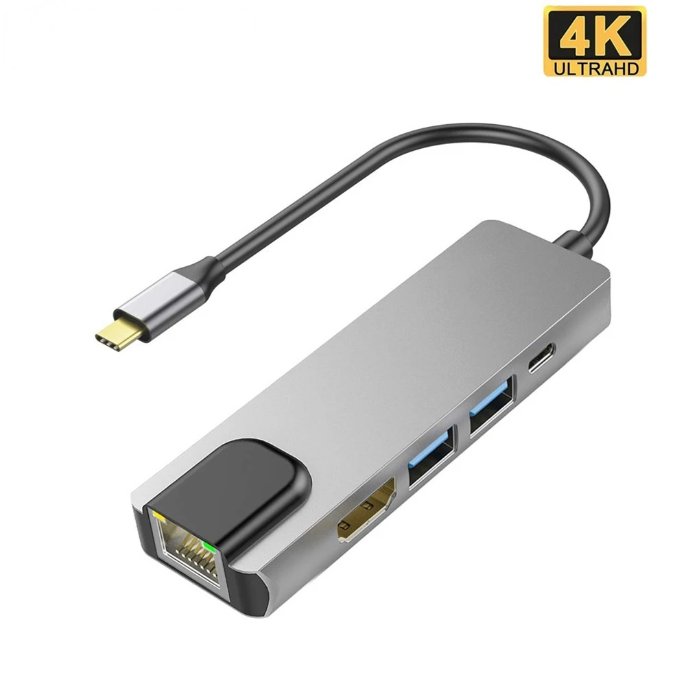

4K USB C HUB 5 In 1 USB Hub Type C Docking Station Type C With 1000M RJ45 Gigabit Ethernet for MacBook Laptop With 4K HD-MI Out
