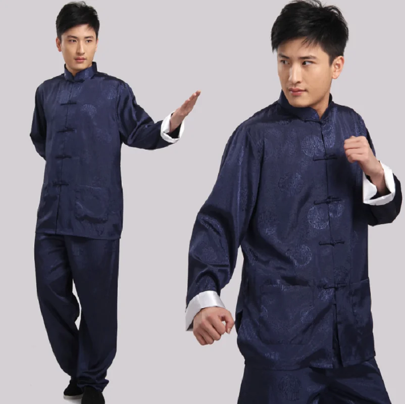 Wholesale New Chinese Style Men's Silk Satin Kung Fu Suit Pajamas Tai Chi Martial Arts Clothes Casual Outdoor Sports Suit