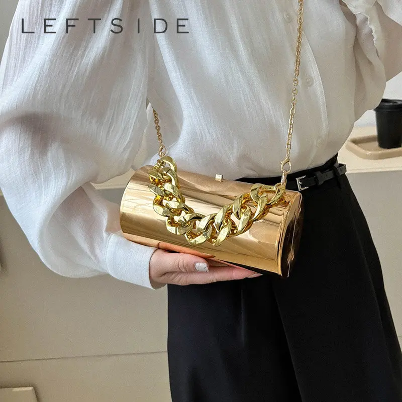 

Glossy Gold Silver Crossbody Bags for Women 2023 Y2K Style Thick Chain Phone Handbags Short Top Handle Leather Mini Luxury Purse