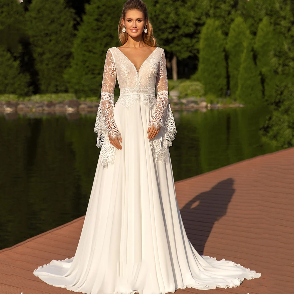 

Классические свадебные платья для женщин 2022 с V-образным вырезом и широкими рукавами, платья невесты с открытой спиной, женское платье