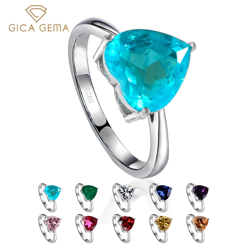 

GICA GEMA classic 925 Sterling Silver heart shape Finger Rings Elegant Paraiba Tourmaline Engagement Wedding Statement gift
