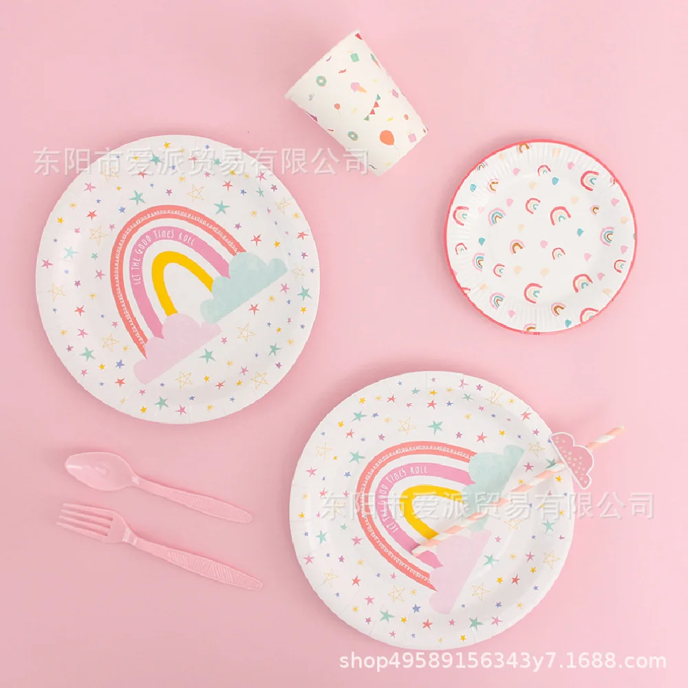 

8pcs Unicorn Rainbow Theme Disposable Tableware Paper Plates Cups Napkins Happy Princess Birthday Party Supplies Tableware Set