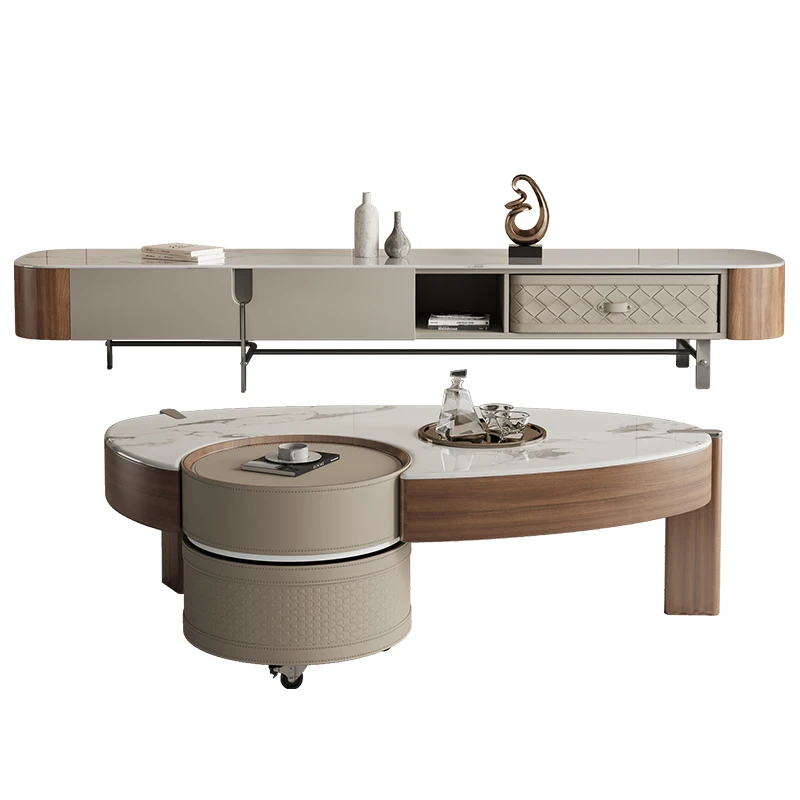 Овальный журнальный столик ТВ-шкаф для гостиной светлый роскошный элитный
