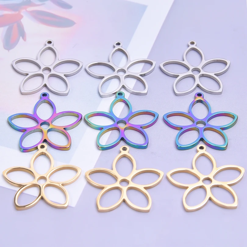 

6pcs/lot Simple Flowers Stainless Steel Charm Pendant Rainbow/Gold Color diy Bracelet Ladies Bangle Vintage Jewelry Wholesale
