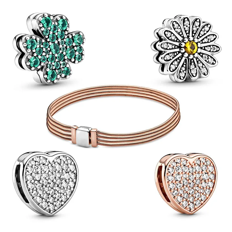 

New 100% 925 Sterling Silver pan Reflexions Multi Snake Chain Bracelet Heart Clover Sparkling Daisy Flower Clip Charm Gift