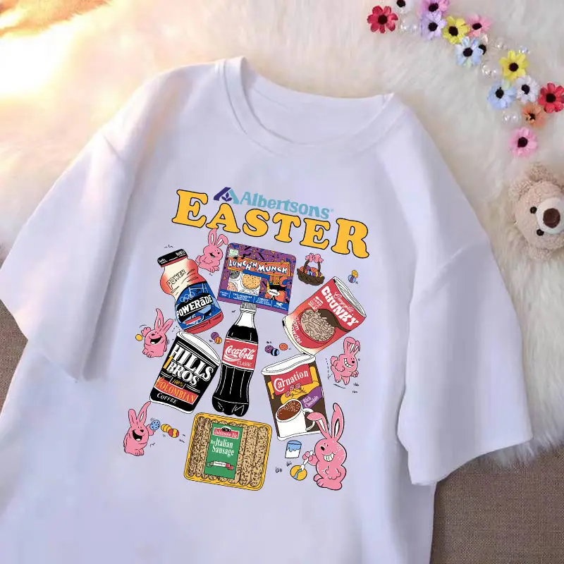 

100% Cotton T Shirt Female Summer Harajuku Loose Casual Kawaii Rabbit Dinner Print Tee Short Sleeved T-shirts Women Tops Clothes